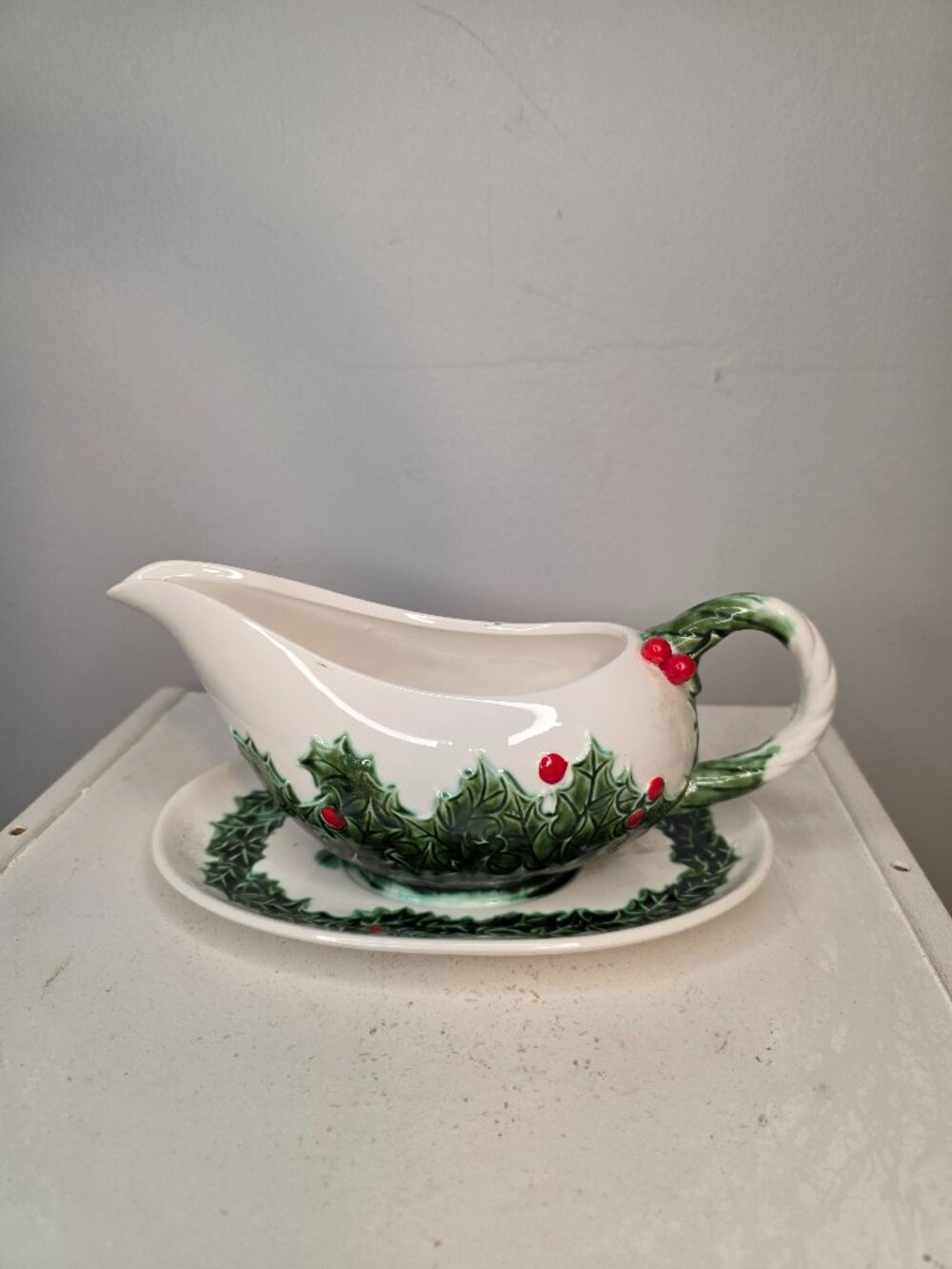 Lefton Japan White Holly Christmas Gravy Boat